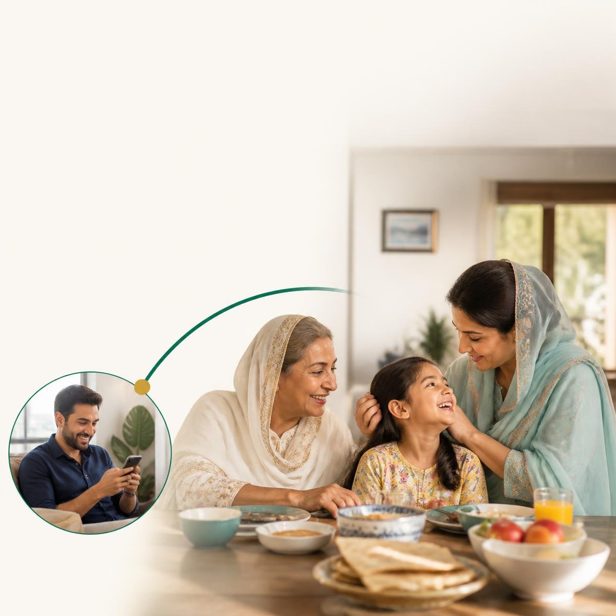 Family sharing a meal while a loved one sends support